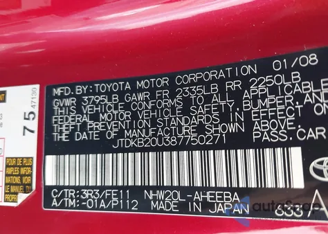 2008 Toyota Prius z USA, uszkodzony, nr VIN JTDKB20U387750271